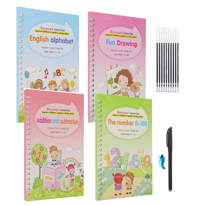 Set of 4 Child Learning Book, Writing Practice Copy Books, Magic Practice Copy Book For Kids, Handwriting Copy Book Set With Magic Pen, Children Reusable Workbook, Tracing Workbook with Pens Set of 4 Child Learning Book, Writing Practice Copy Books, Magic Practice Copy Book For Kids, Handwriting Copy Book Set With Magic Pen, Children Reusable Workbook, Tracing Workbook with Pens